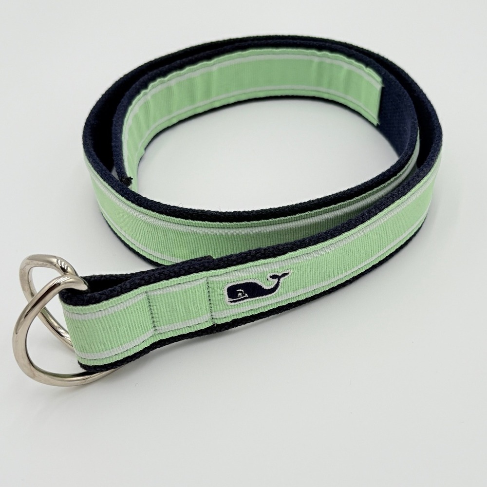 Vineyard Vines Mens Belt Medium D Ring Whale Logo Green White Stripe‎